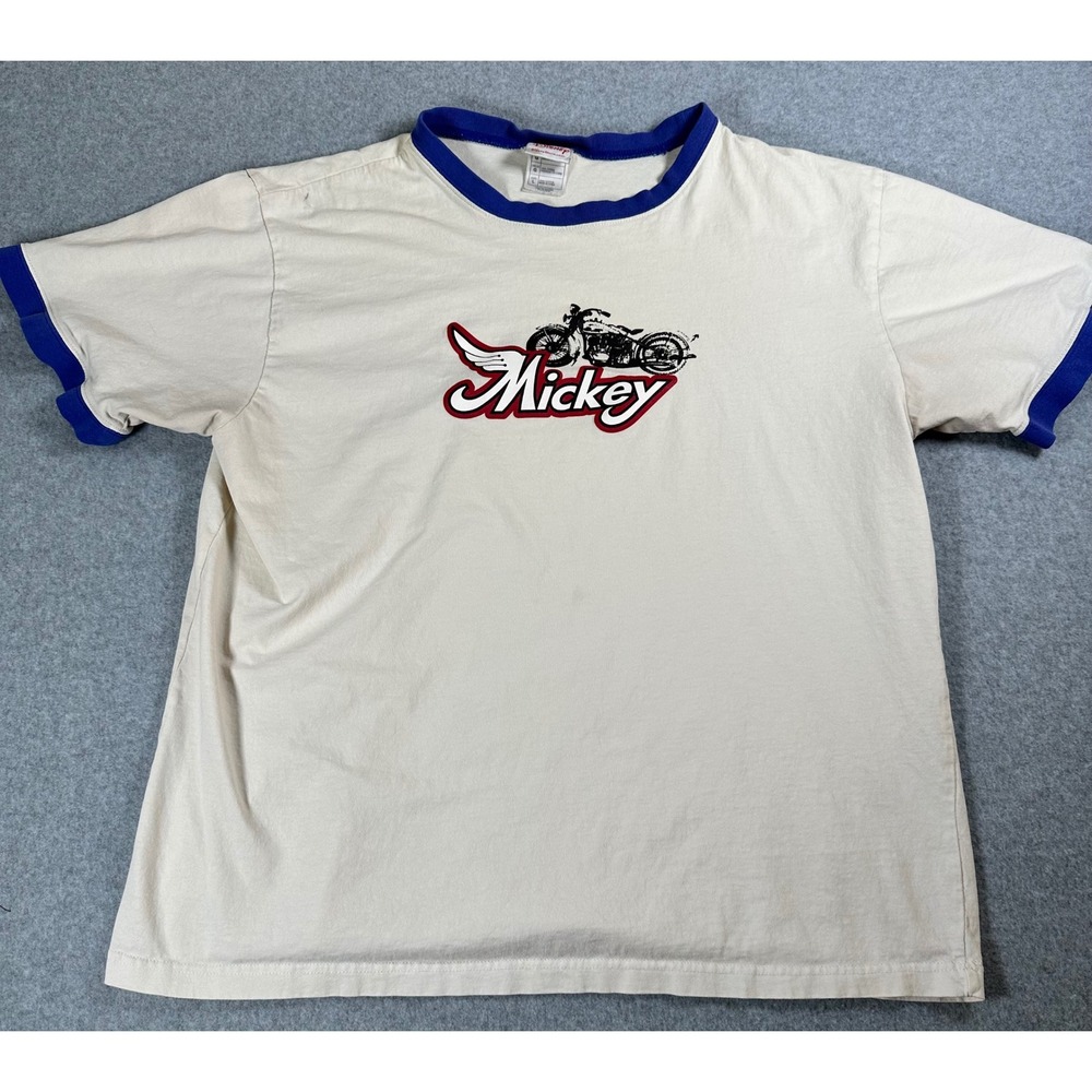 VTG Disney Mickey Mouse Mens Motorcycle‎ Graphic Ringer T-Shirt Tee Top Large